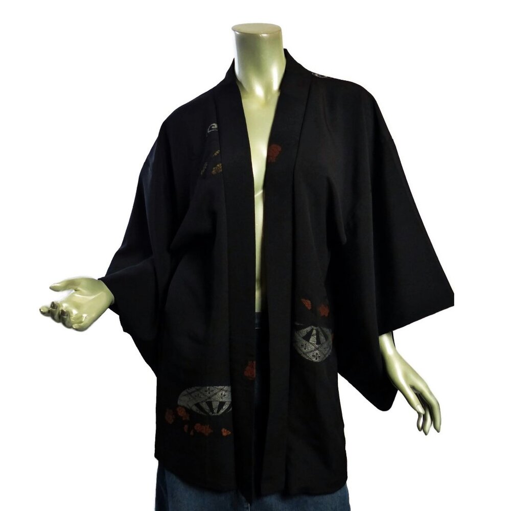 Vintage Black Silk Kimono Fanciful Fans & Flowers ONE SIZE Delicate Yuzen Haori